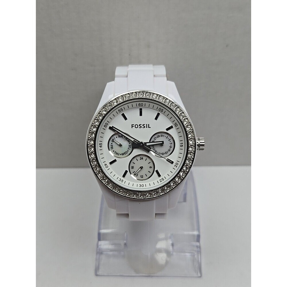 Fossil Stella ES1967 Womens White Crystal Bezel Multifunction New Battery Petite